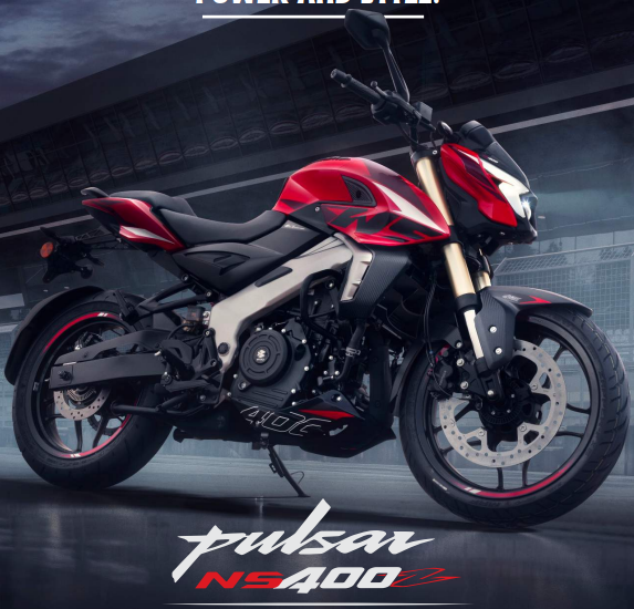 2025 Bajaj Pulsar NS400Z side view in red and black with muscular streetfighter styling
