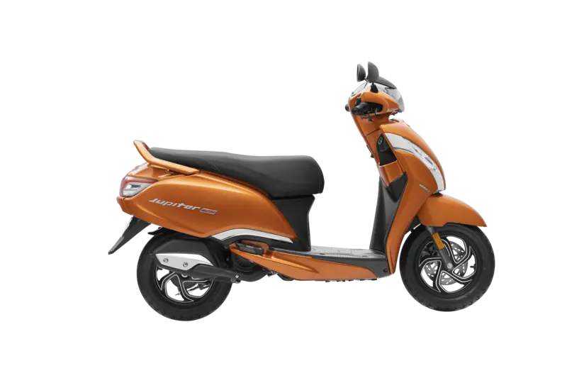 TVS Jupiter 125 orange color scooter showcasing side profile and spacious under-seat storage area.