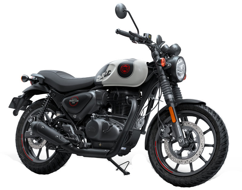 Royal Enfield Hunter 350 Metro variant motorcycle in dual-tone colour, featuring alloy wheels, disc brakes, and retro-style round headlamp